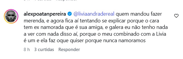 Alex Poatan nega namoro com Lívia Andrade, revela ‘combinado’ entre os dois e dispara: ‘Merenda’